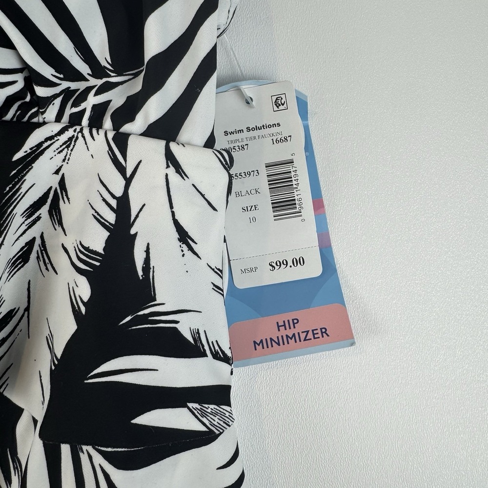 Swim Solutions Triple Tier Fauxkini Swimsuit Black White Palm Leaf Size 10 NEW - Picture 3 of 13